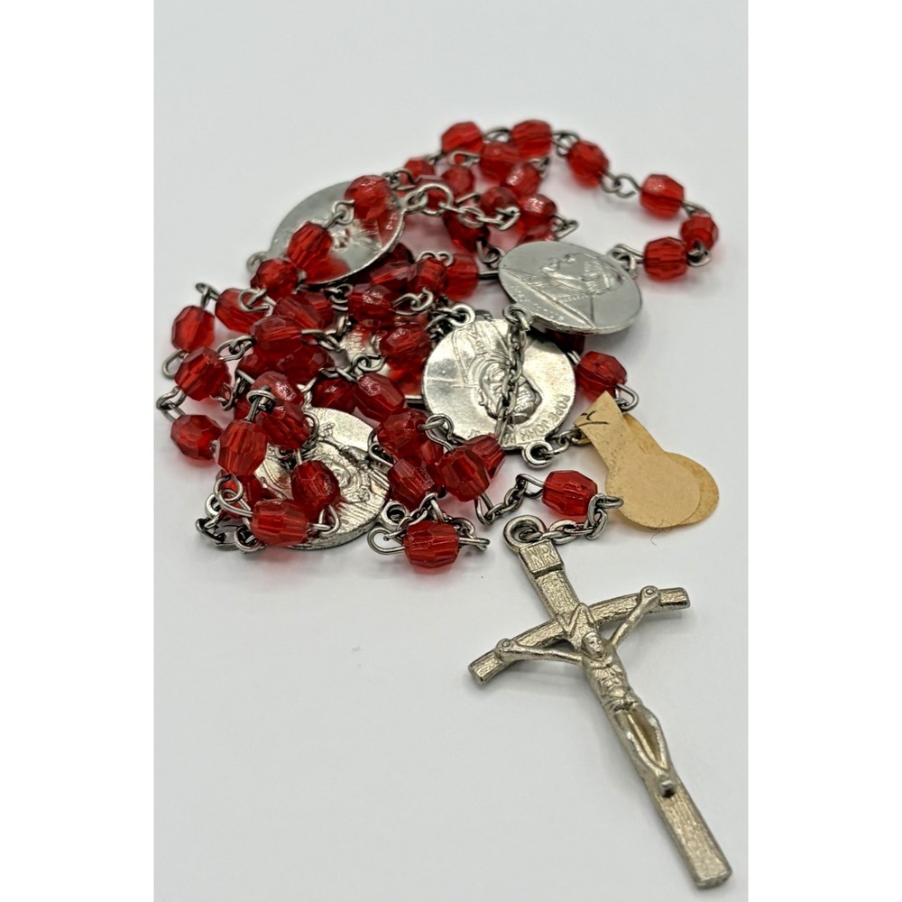 Vintage Red Faceted Bead Catholic Rosary Pope John Paul II Silver Tone